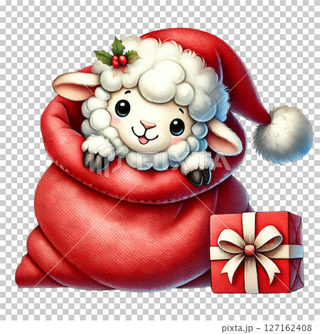 A cute sheep wearing a Santa hat, peeking from a red sack. A cute sheep wearing a Santa hat, peeking from a red sack. 127162408