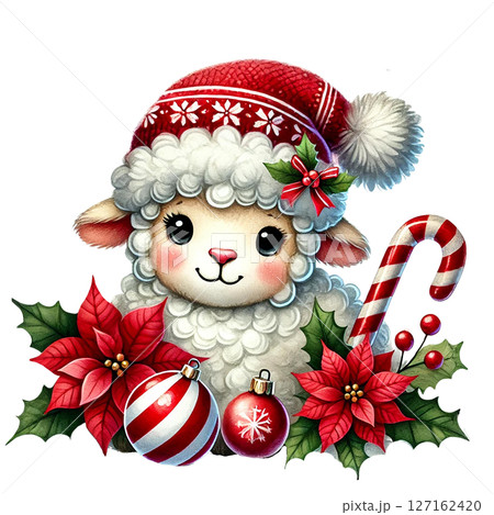 Cute Christmas sheep wearing a festive hat with ornaments. 127162420