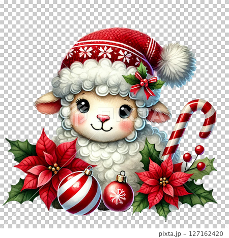 Cute Christmas sheep wearing a festive hat with ornaments. 127162420