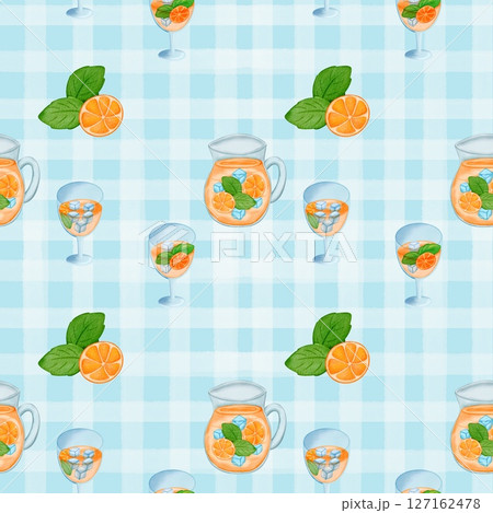 Seamless pattern with summer picnic and Orange Juice on pastel Blue Seamless pattern with summer picnic and Orange Juice on pastel Blue 127162478