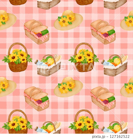 Seamless pattern with summer picnic and  on pastel Red 127162522