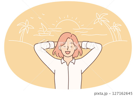 Happy woman in business clothes on sea beach with palm trees and sunny sunset during summer vacation Happy woman in business clothes on sea beach with palm trees and sunny sunset during summer vacation 127162645