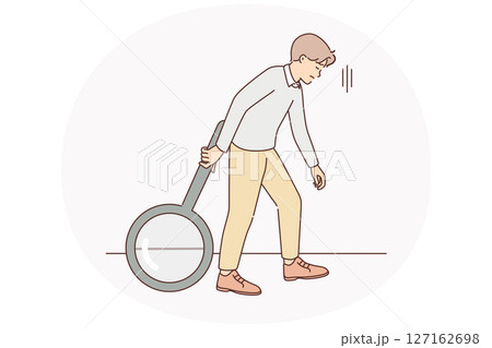 Tired man with magnifier exhausted of searching Tired man with magnifier exhausted of searching 127162698