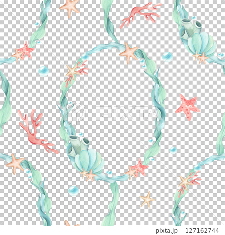 Seamless pattern frame algae, seaweed, starfish, seashell, sea sponges, underwater bubbles. Watercolor illustration mint turquoise coral colors isolated from background. Wreath, template, sea theme 127162744