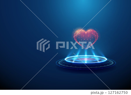 Heart shape on futuristic podium. Cardiovascular health, medical diagnostics, digital health, biomedical technology, charity donation concept. Heart shape on futuristic podium. Cardiovascular health, medical diagnostics, digital health, biomedical technology, charity donation concept. 127162750