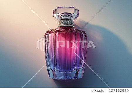 Perfume bottle with glossy on its glass surface, conveying elegance and sophistication. Ideal for high-end perfume advertisements. 127162920