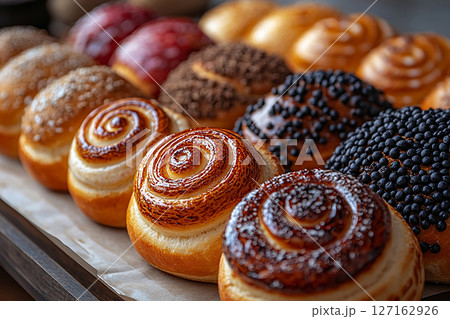 Bakehouse. Variety of baked snail-shaped buns in on a wooden trading tray on a white background. 127162926
