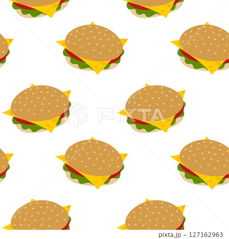 Burger with Cheese Slice Tomato and Greens leaves Seamless Pattern Fast food Background Wallpaper Burger with Cheese Slice Tomato and Greens leaves Seamless Pattern Fast food Background Wallpaper 127162963