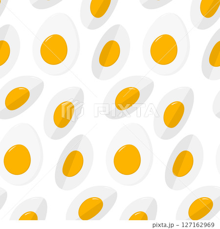 Hard boiled egg cut into halves and two quarters Minimalistic Seamless pattern Flat Food background 127162969