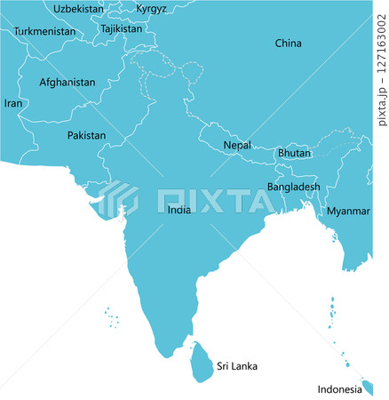 インド・パキスタン・ネパール周辺のアジア地図、英語の国名入り 127163002