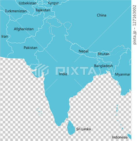 インド・パキスタン・ネパール周辺のアジア地図、英語の国名入り 127163002