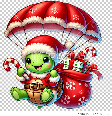 A festive turtle in Santa attire, parachuting with gifts. 127163097