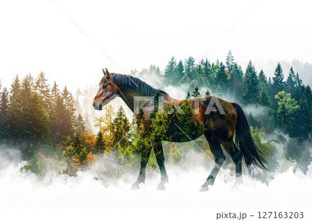 森と馬の多重露光イメージ,Generative AI,AI画像 127163203