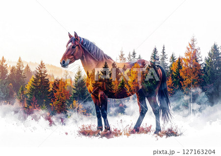 森と馬の多重露光イメージ,Generative AI,AI画像 127163204