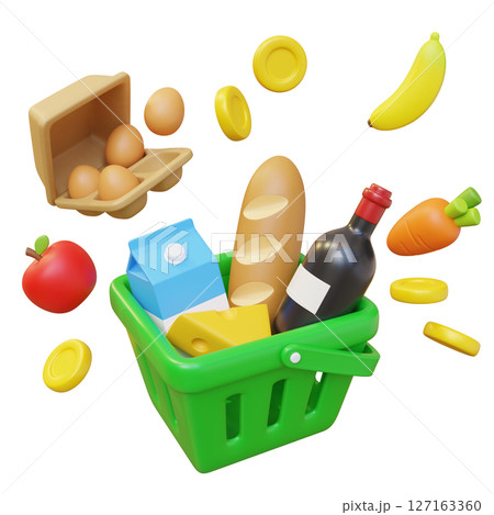 Budget Shopping Basket with Coins 3D Illustration 127163360