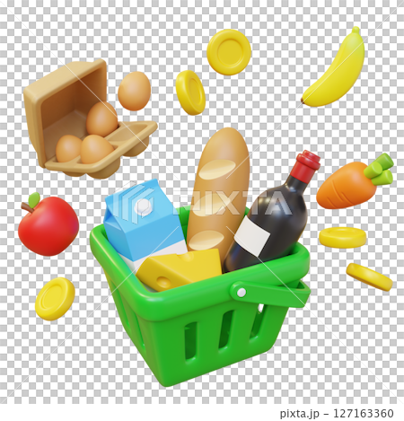 Budget Shopping Basket with Coins 3D Illustration 127163360