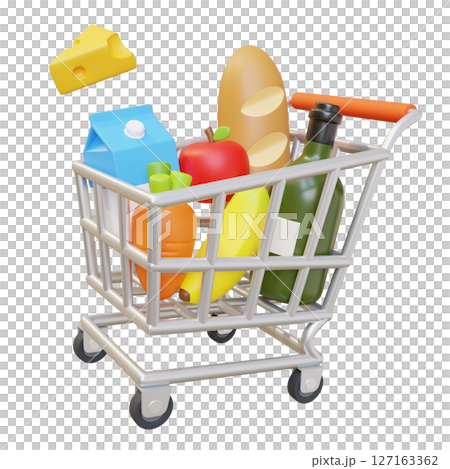 Supermarket Shopping Cart with Products 3D Illustration 127163362