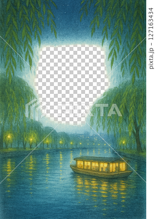 Summer night frame of Nakagawa River sightseeing boat and willow trees Watercolor style illustration Transparent PNG 127163434