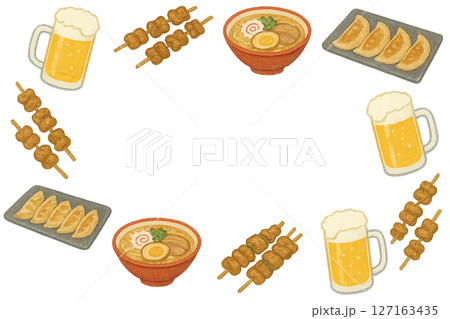 中洲の屋台グルメとビールの夏フレーム 水彩風イラスト 透過PNG 127163435