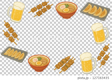 中洲の屋台グルメとビールの夏フレーム 水彩風イラスト 透過PNG 127163435
