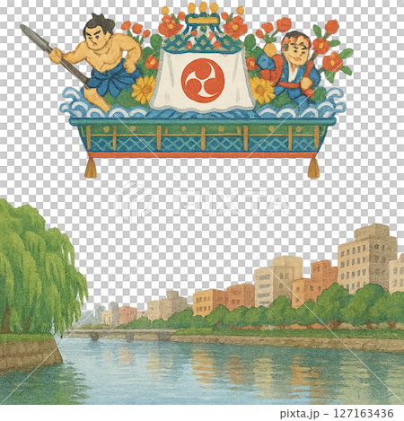 日式夏日節慶框架，有博多祗園山笠和中川河風景，水彩插圖，透明PNG 127163436