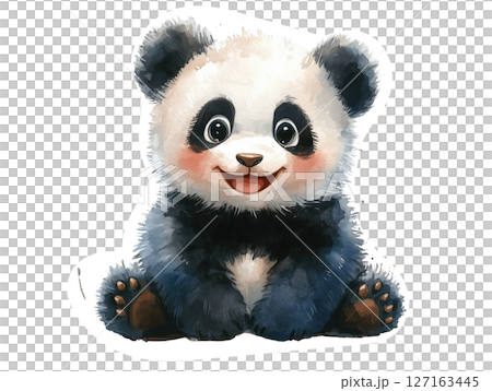A cute cartoon panda cub with a smiling expression, sitting on a transparent background. Concept of cuteness, nature, and joy. 127163445