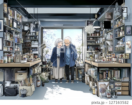 非常食を備蓄するシニア夫婦のイラスト素材 127163582