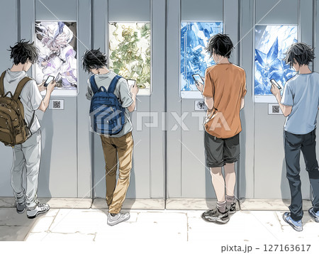 NFTアート展を鑑賞する若者たちのイラスト素材 127163617