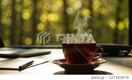 Hot coffee cup on table with morning sunlight bokeh Hot coffee cup on table with morning sunlight bokeh 127163679