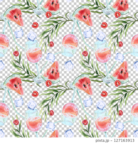 Tropical pink cocktail, ice cubes, watermelon, cherry, palm leaves seamless pattern. Hand drawn watercolor illustration isolated. For invitations, textile, fabric, wrapping paper, wallpaper, covers. Tropical pink cocktail, ice cubes, watermelon, cherry, palm leaves seamless pattern. Hand drawn watercolor illustration isolated. For invitations, textile, fabric, wrapping paper, wallpaper, covers. 127163913