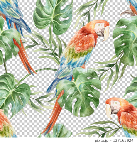 Macaw parrot and tropical leaves seamless pattern. Hand drawn watercolor illustration isolated on white. For greeting cards, invitations, textiles, fabrics, wrapping paper, wallpapers, covers. 127163924