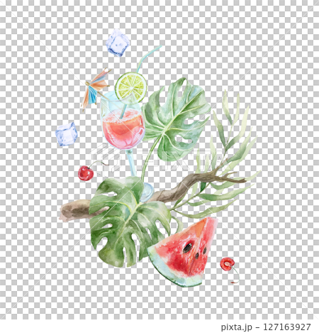 Tropical cocktail in a glass goblet with a straw, lime, ice cubes on a background of palm leaves and monstera. Watercolor illustration isolated. For cards, invitations, summer banners, posters, labels 127163927