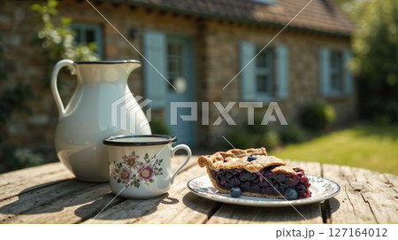Rustic blueberry pie and coffee on wooden outdoor table 127164012