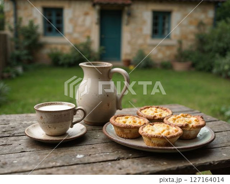 Rustic outdoor meal with pastries and milk 127164014