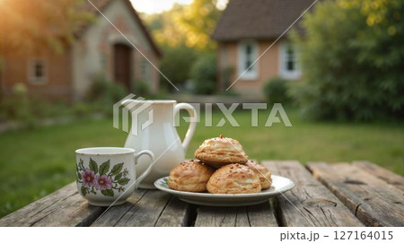 Cozy outdoor breakfast with pastries and drink 127164015