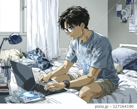 AI家庭教師を使って勉強する男子高校生のイラスト素材 127164190