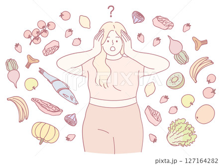 A Confused Woman Finds Herself Surrounded by Numerous Irresistible Food Choices and Options 127164282