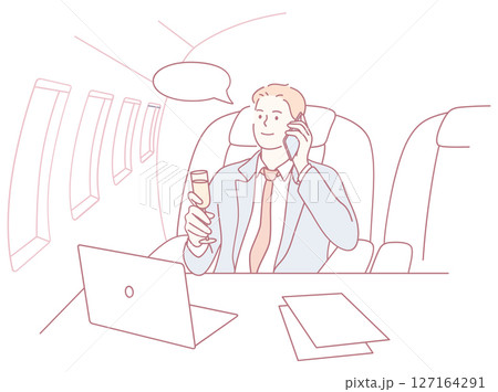 A successful businessman on a luxurious private jet, enjoying a drink and focusing on tasks A successful businessman on a luxurious private jet, enjoying a drink and focusing on tasks 127164291