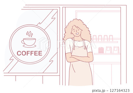 An Enchanting and Charming Coffee Shop Illustration Featuring a Friendly Barista at Work An Enchanting and Charming Coffee Shop Illustration Featuring a Friendly Barista at Work 127164323