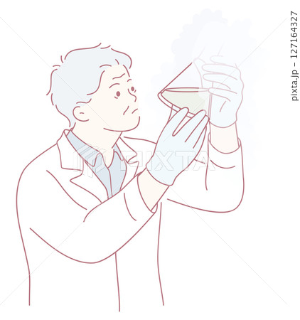 A concerned scientist is meticulously examining a laboratory flask filled with various samples 127164327