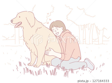 A Joyful and Heartwarming Connection Between a Young Girl and Her Golden Retriever in Nature 127164333