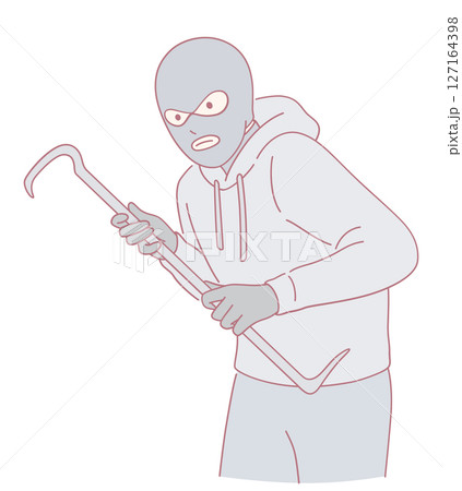 Illustration of a masked burglar with a crowbar in a theft, evoking danger and suspense Illustration of a masked burglar with a crowbar in a theft, evoking danger and suspense 127164398
