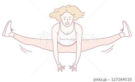 A Young Woman Gracefully Performing a Stunning Split Jump in a Highly Vibrant Animated Style A Young Woman Gracefully Performing a Stunning Split Jump in a Highly Vibrant Animated Style 127164510