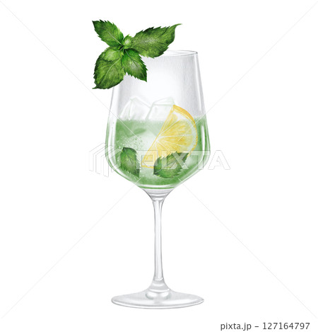 Mojito in a glass watercolor drawing. Hand drawn illustration of alcoholic drink with ice, lemon and mint on white background. Clip art of drinks. Ideal for bar and restaurant menu on the beach. Mojito in a glass watercolor drawing. Hand drawn illustration of alcoholic drink with ice, lemon and mint on white background. Clip art of drinks. Ideal for bar and restaurant menu on the beach. 127164797