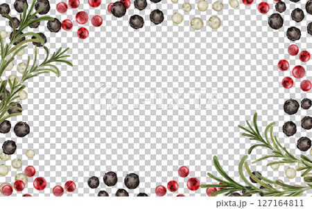 Peppercorns with rosemary watercolor frame. Hand drawn dried black pepper. Clip art on a white background of hot spices. Ideal for cookbooks, menus and organic product packaging Peppercorns with rosemary watercolor frame. Hand drawn dried black pepper. Clip art on a white background of hot spices. Ideal for cookbooks, menus and organic product packaging 127164811