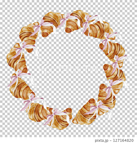 Croissant watercolor frame. Hand drawn fresh french bun with a bow. Food clip art. Ideal for bakery prints, postcards and pastry shop posters. Croissant watercolor frame. Hand drawn fresh french bun with a bow. Food clip art. Ideal for bakery prints, postcards and pastry shop posters. 127164820