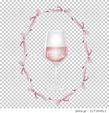 Glass of wine watercolor illustration. Drink alcoholic pink sparkling with a bow. Clip art drinks. Wine shop booklets. Ideal for restaurant menus, posters and advertising signs. 127164821