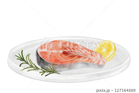 Salmon steak on a white plate watercolor. Hand drawn red fish fillet with lemon and rosemary on white background. Food clip art. Ideal for farm fish packaging design, restaurant menus and culinary 127164889