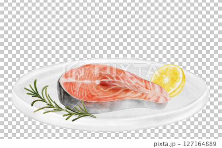 Salmon steak on a white plate watercolor. Hand drawn red fish fillet with lemon and rosemary on white background. Food clip art. Ideal for farm fish packaging design, restaurant menus and culinary 127164889