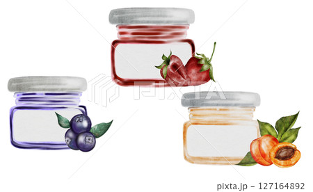 Jam watercolor illustration set. Hand drawn canned sweets on white background. Clip art food. Ideal for packaging goods with jam apricot, blueberry and strawberry. Organic food 127164892